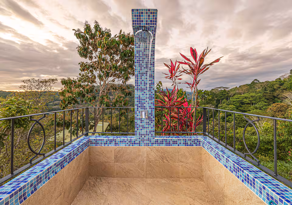 Designer bathroom with rainfall shower at KsaLinda private villa